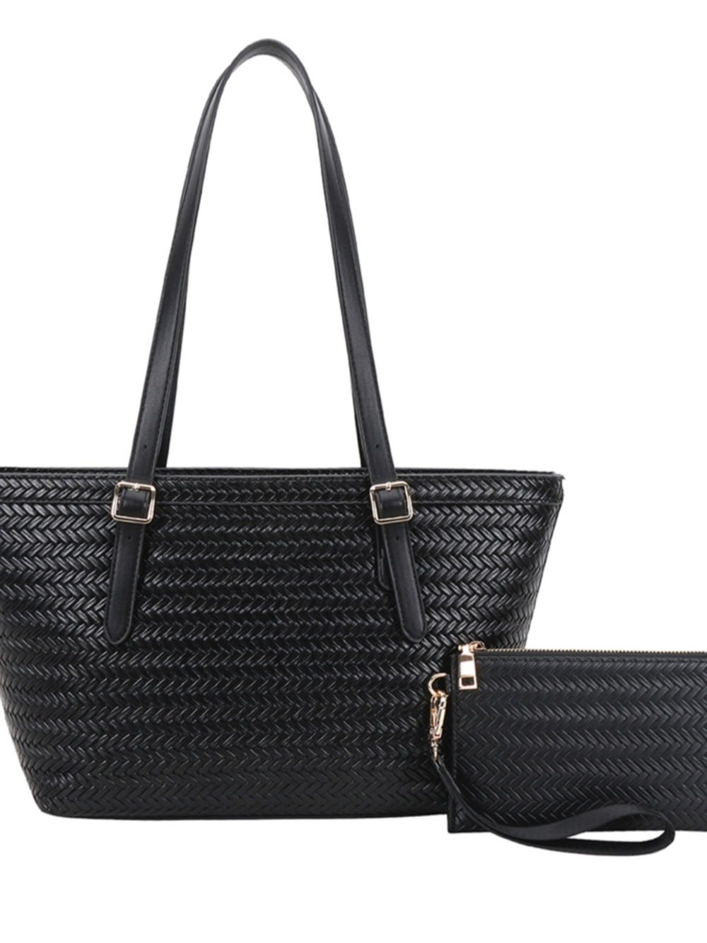 Black Woven Tote Bag with Wristlet - Classic Women's Handbag 2 in 1